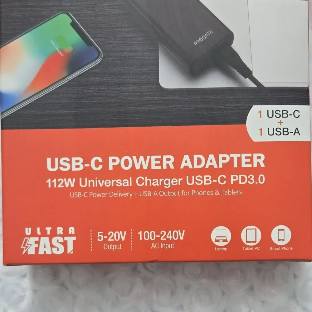 PRODATA 112W USB-C Power Adapter PD3.0 Universal Charger, USB-C & USB-A, Black